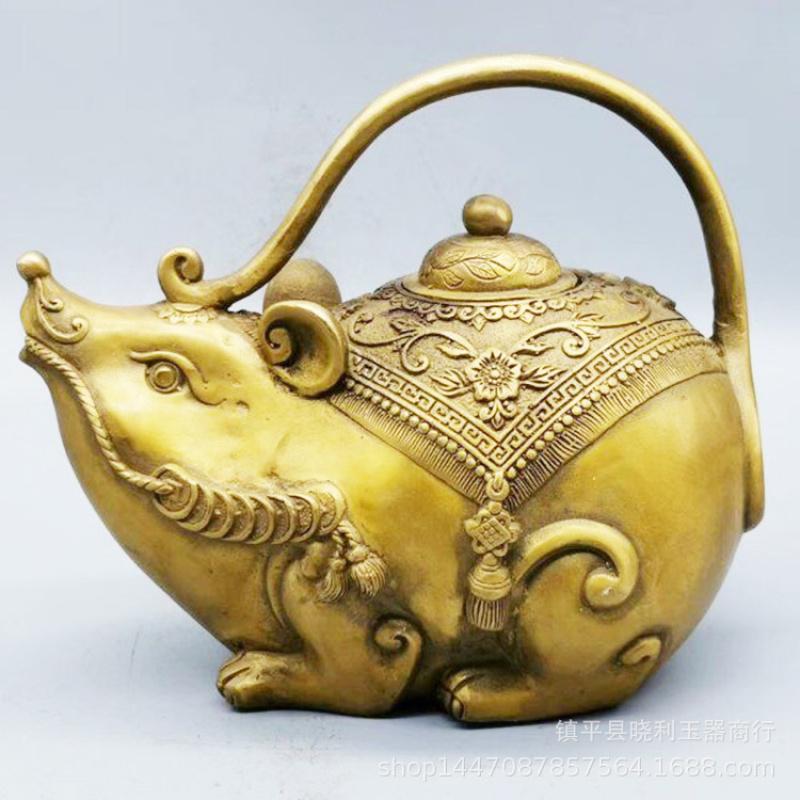 Copper with Fish On Bamboo Monkey Pot Home Decoration Metal Craft Chinese Style Money Mouse Ornament