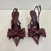 Wine Red Ankle Strap Stilettos For Woman Patent Leather Bow Pointed Toe Slingbacks High Heels Sandals Women Pumps Shoes