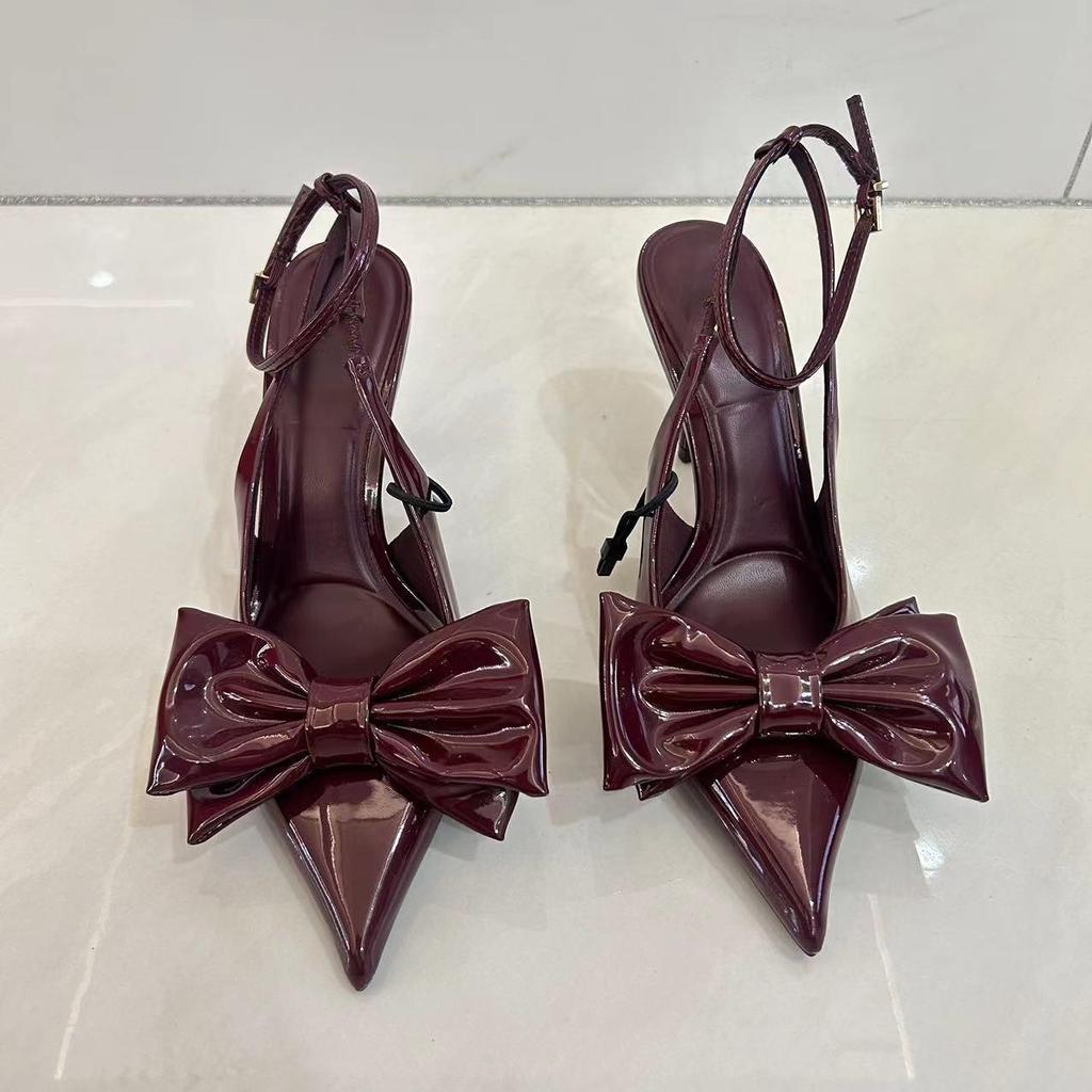 Wine Red Ankle Strap Stilettos For Woman Patent Leather Bow Pointed Toe Slingbacks High Heels Sandals Women Pumps Shoes