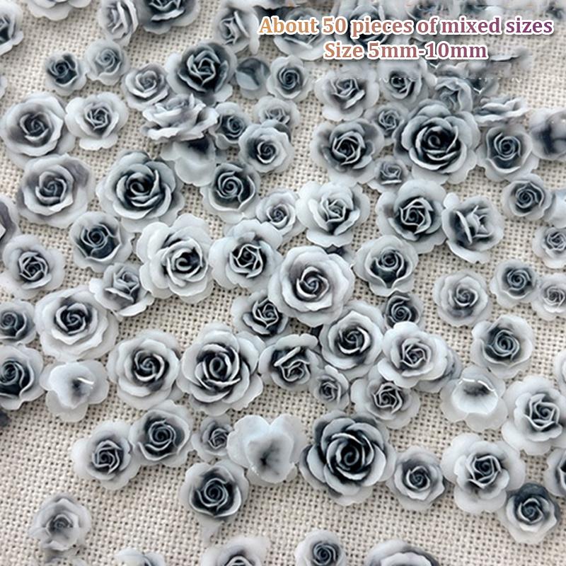 50Pcs Diy Nail Art Decor 3D Rosa Chinensis Flower Rose Flower Nail Drills Mixed Size Camellia Flower Nail Drill Manicure Design