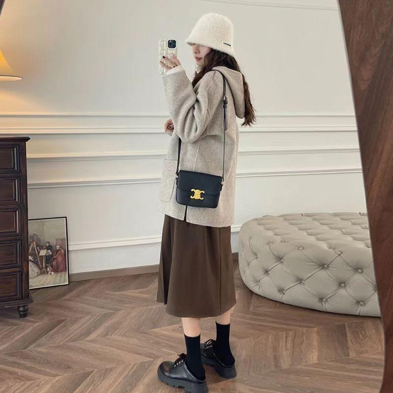 Womens Short Wool Blend Coat With Hood Horn Buttons Korean Style Oversized Winter Outerwear