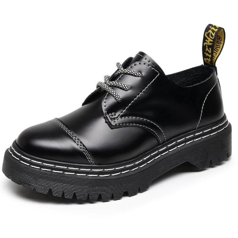 

1 thick-soled hole ex Martin shoes men s low-top leather double white line round head casual student muffin bottom short boots men 46 чорний