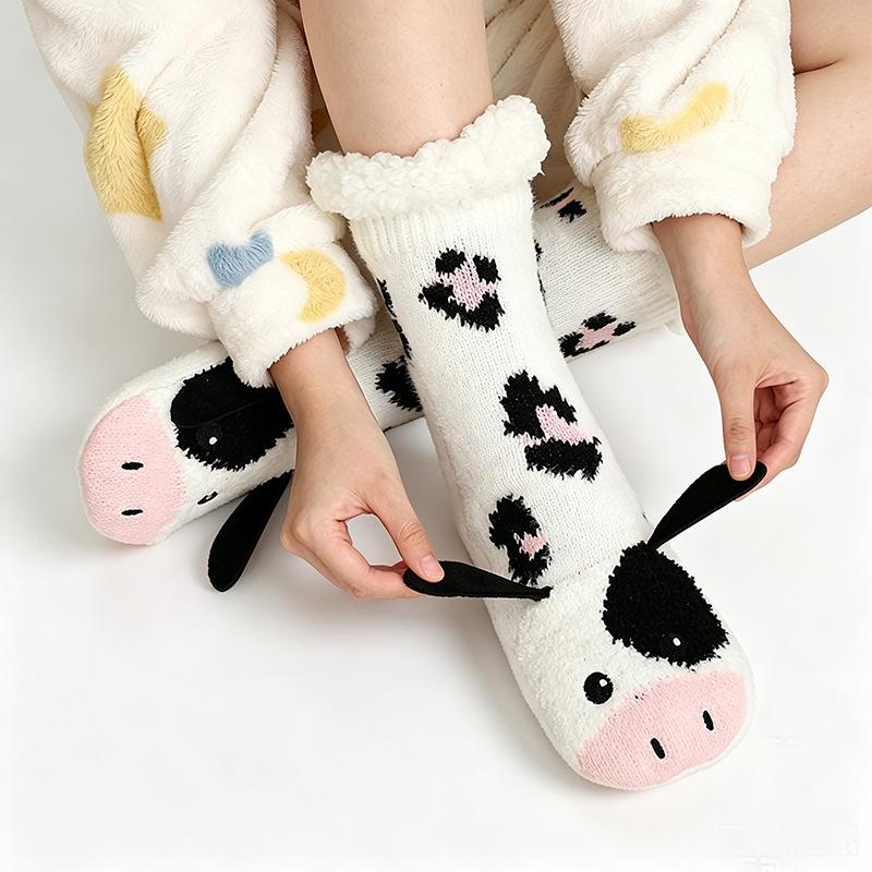 Cartoon Animal Fleece Floor Socks for Adults, Warm Anti Slip Winter Slipper Socks, Indoor Home Snow Socks, Cute Cozy House Socks