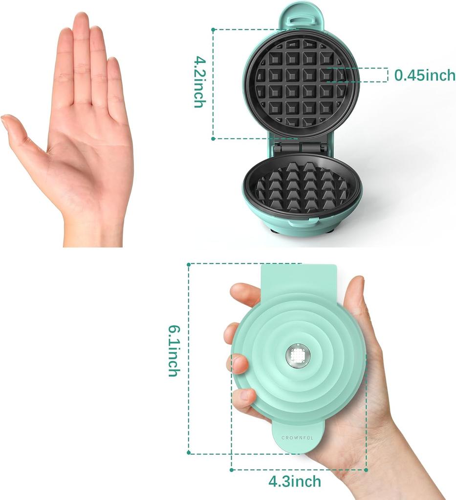 CROWNFUL Mini Waffle Maker, 4" Chaffle Maker with Compact Design, Easy to Clean, Non-Stick Surface, Recipe Guide Included, Perfect for Breakfast,