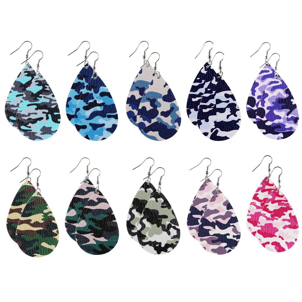 Army Green Camouflage Pu Leather Earrings Water Drop Shape Double-Sided Printing For