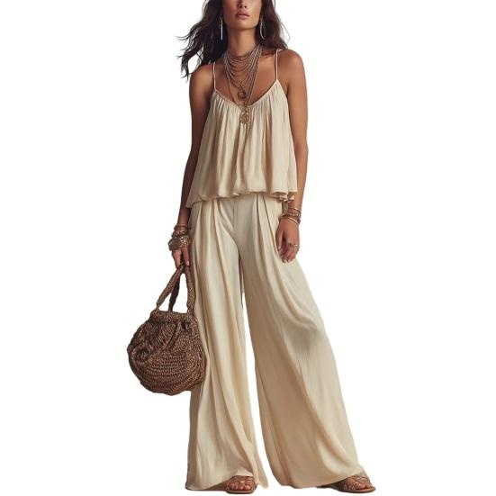 Summer 2 Piece Sets for Women, Spaghetti Strap Tank Top And Wide Leg Pants Lounge Set, Beach Vacation Travel Outfits