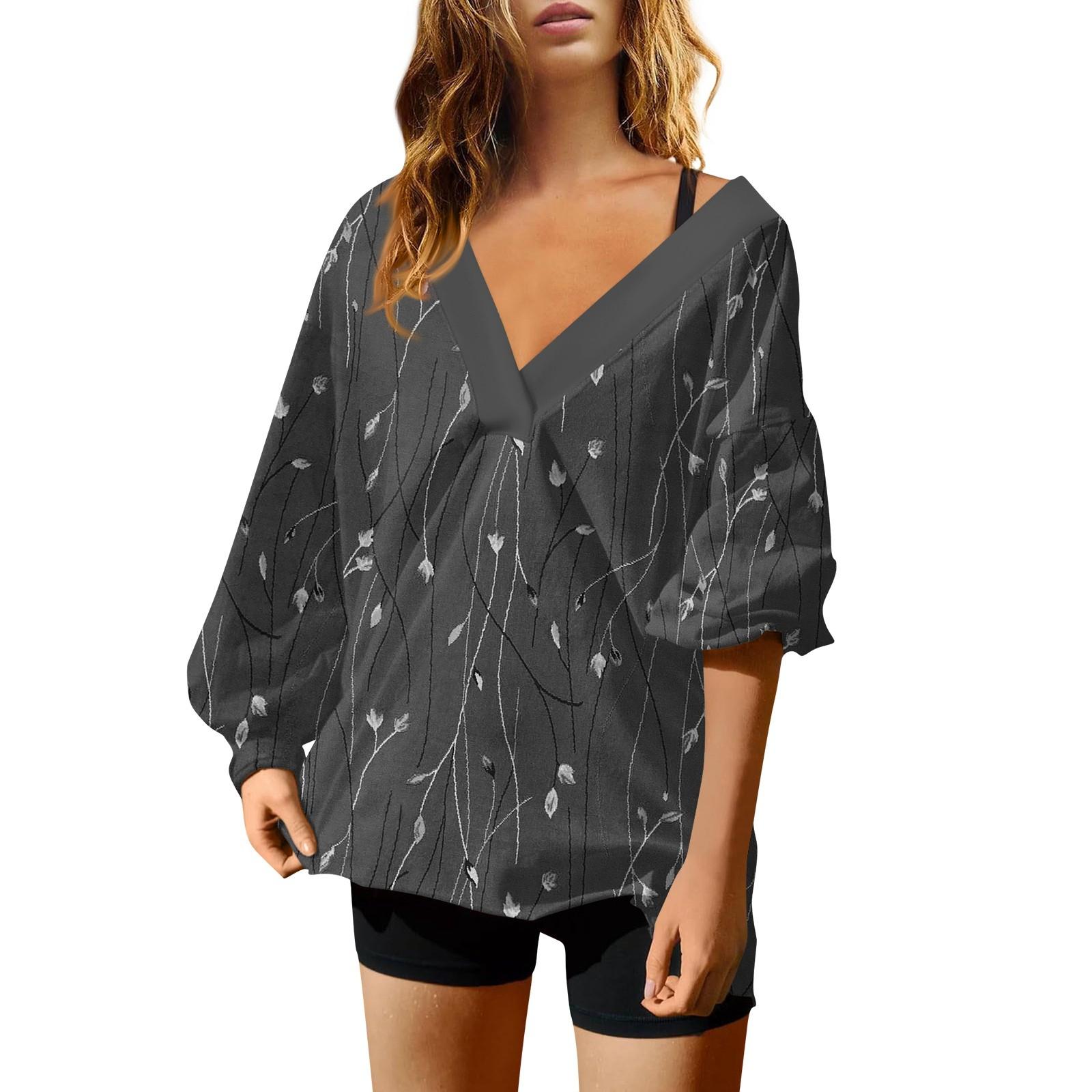 Женская мода V-образный вырез длинный рукав принтованный свободный пуловер свитшот топ XL — фото 7