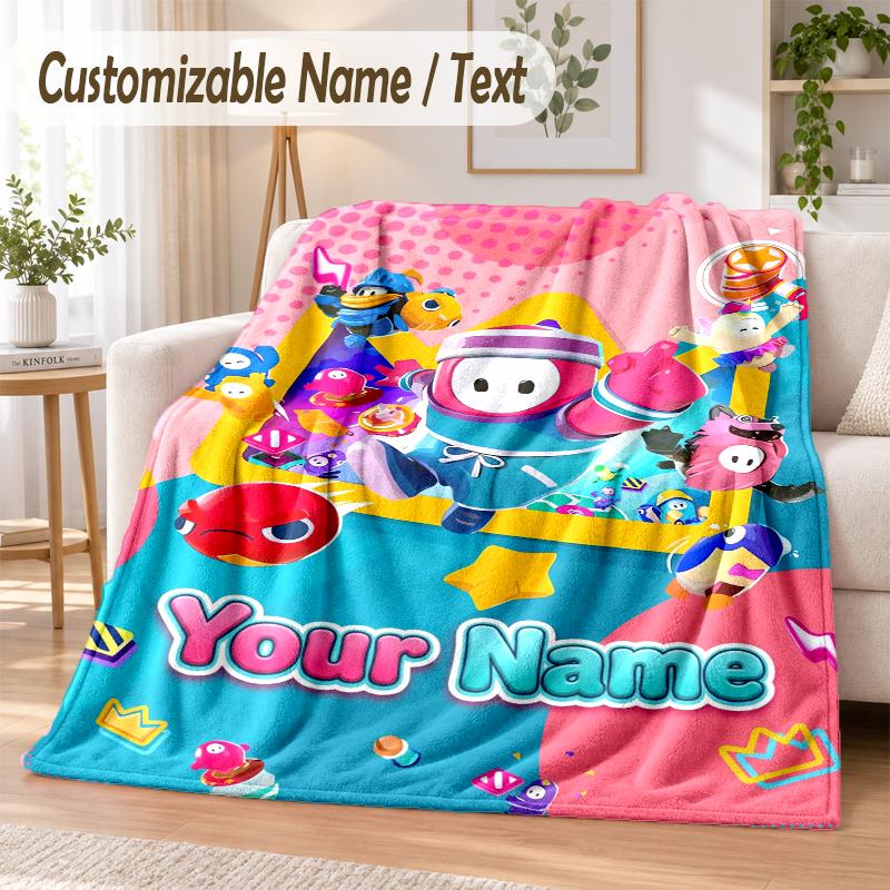 Fall Guys Custom Name Flannel Throw Blanket Soft Warm for Sofa Bed Indoor Home Use