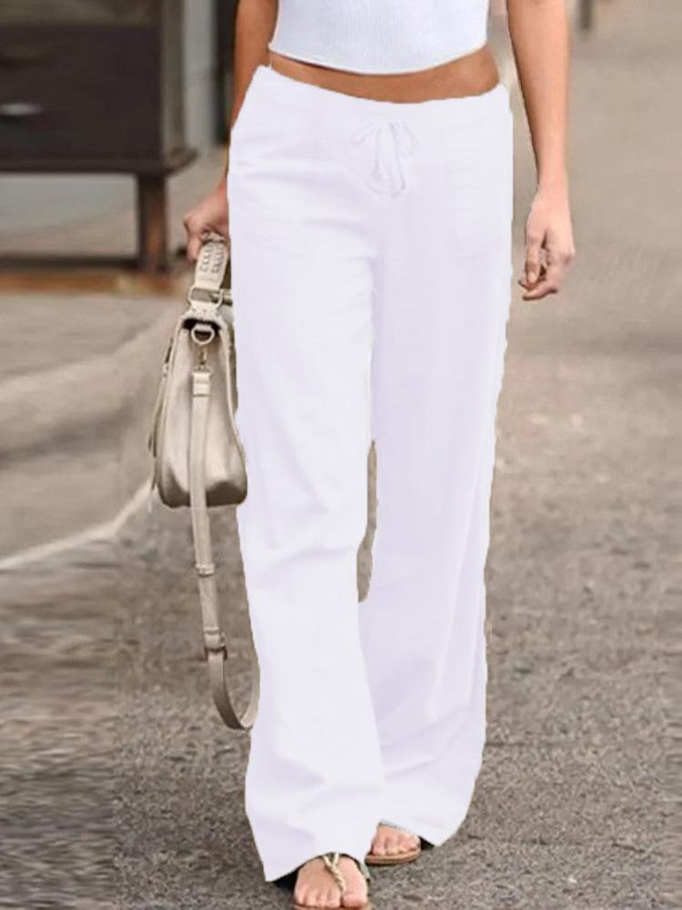 Womens Loose Fit Cotton Linen Blend Wide Leg Long Pants S