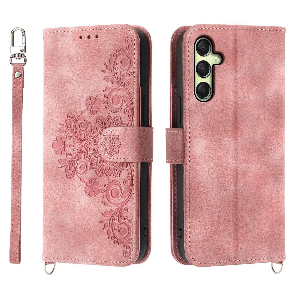 

For Samsung Galaxy A26 5G Case Flower Pattern PU Leather Wallet Phone Cover with Strap Pink