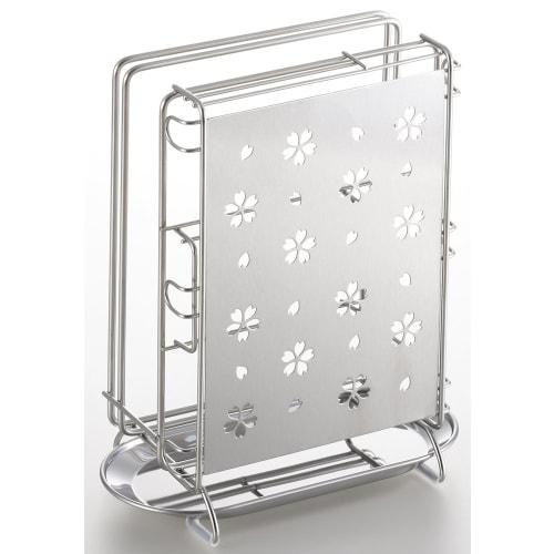 Yoshikawa Knife, Cutting Board, and Kitchen Scissors Stand, Cherry Blossom Design, Stainless Steel, 15.2 x 10.2 x 21.7 cm, Tsubame-Sanjo, Made in Japa