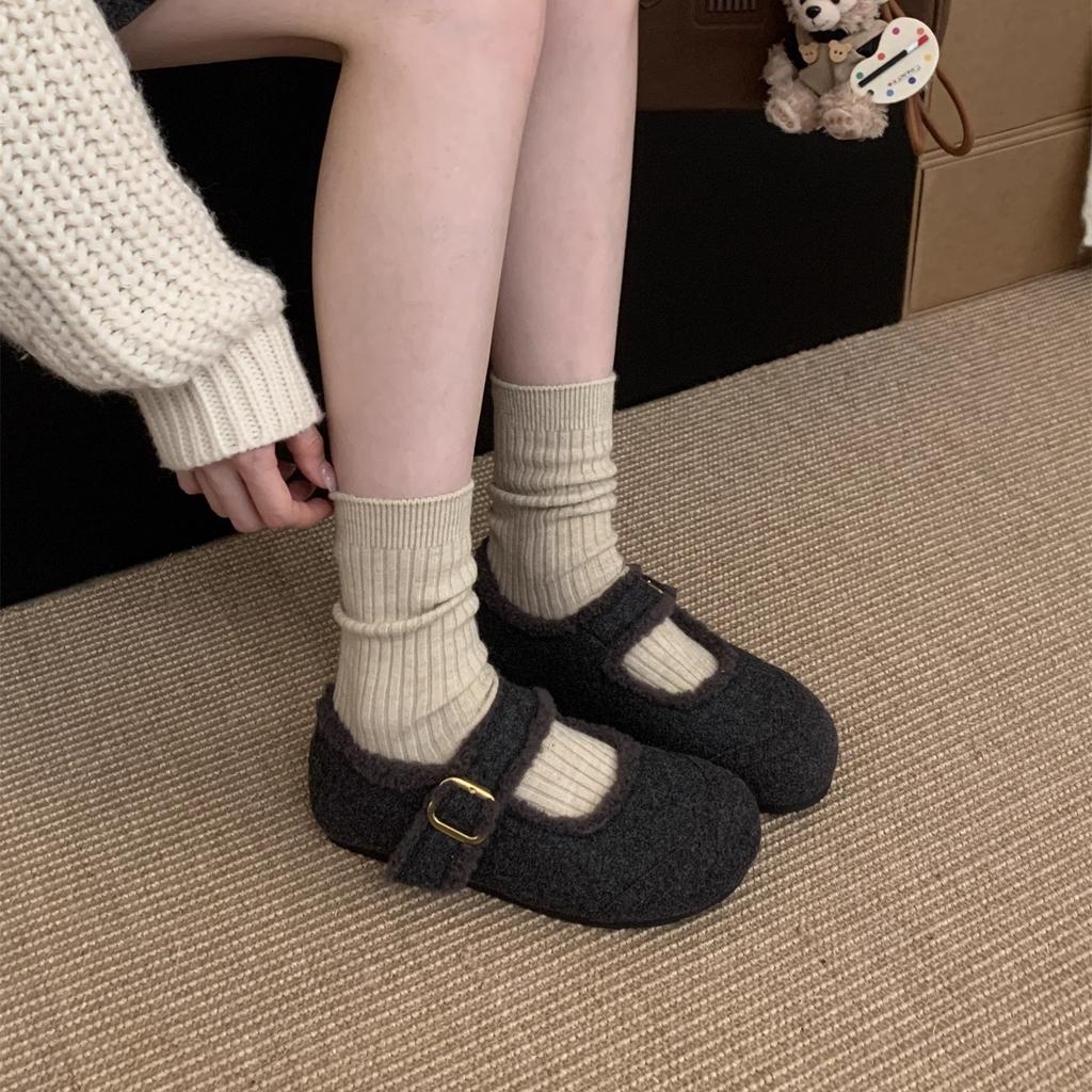 Retro sammets Birkenstocks dam höst och vinter varma fluffiga skor med Mary Jane skor bomullsskor