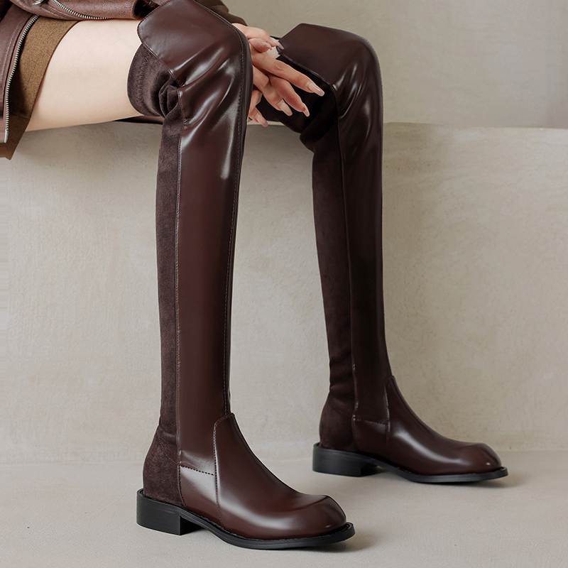 Krazing Pot Flock Microfiber Autumn Winter Shoes Thick Heels Size 43 Long Boots Black Brown Stretch Over-the-knee Boots