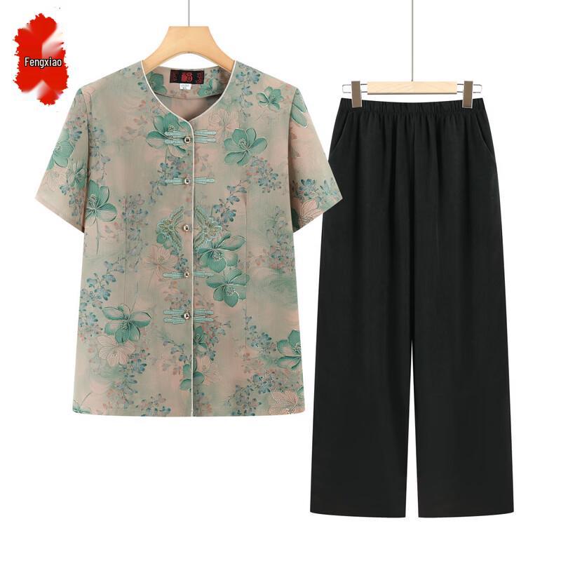 Elegant Women s Floral Short-Sleeve Two-Piece Set 4XL