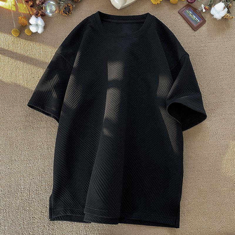 Летняя мужская футболка с круглым вырезом свободная жаккардовая футболка с коротким рукавом модный простой повседневный пуловер с половиной рукавом дышащий и впитывающий пот топ S чёрный 2235₽