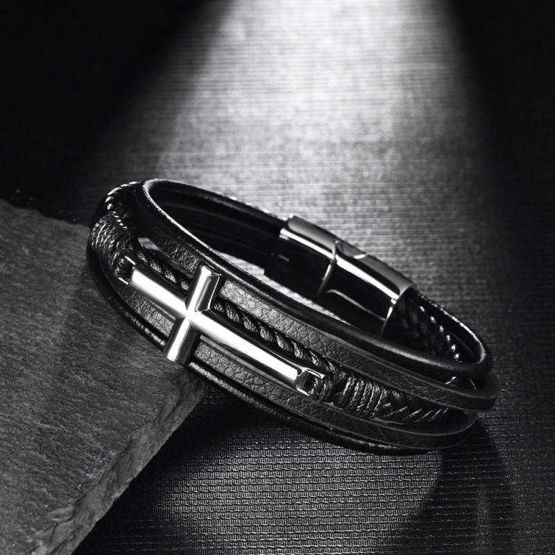 Stainless Steel Multi-Layer Handmade Braided Bracelet With Cross Charm Men Geometric Design Polished Finish