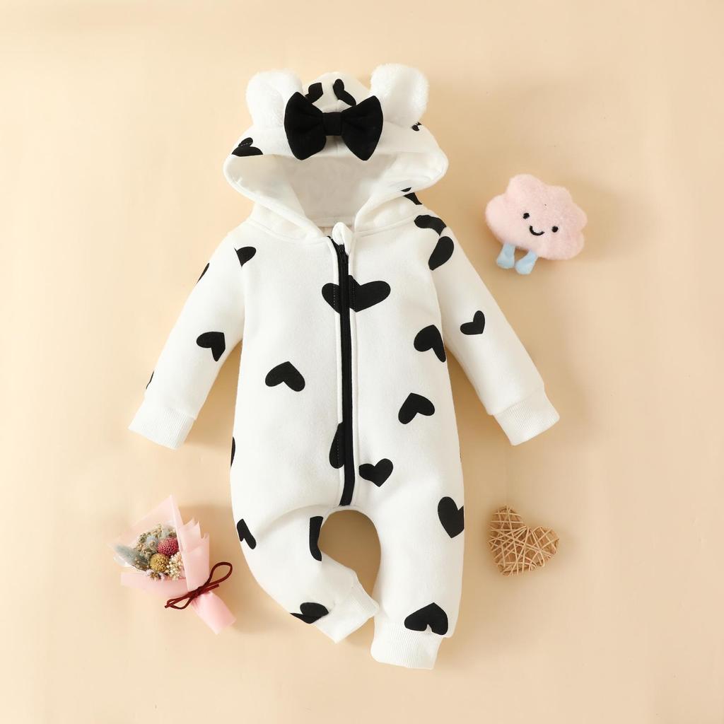 Kapuzen-Strampler für Babys und Kleinkinder: Reißverschluss mit Schleife, Erdbeerdesign, für 0-2 Jahre, Herbst/Winter Strampler.