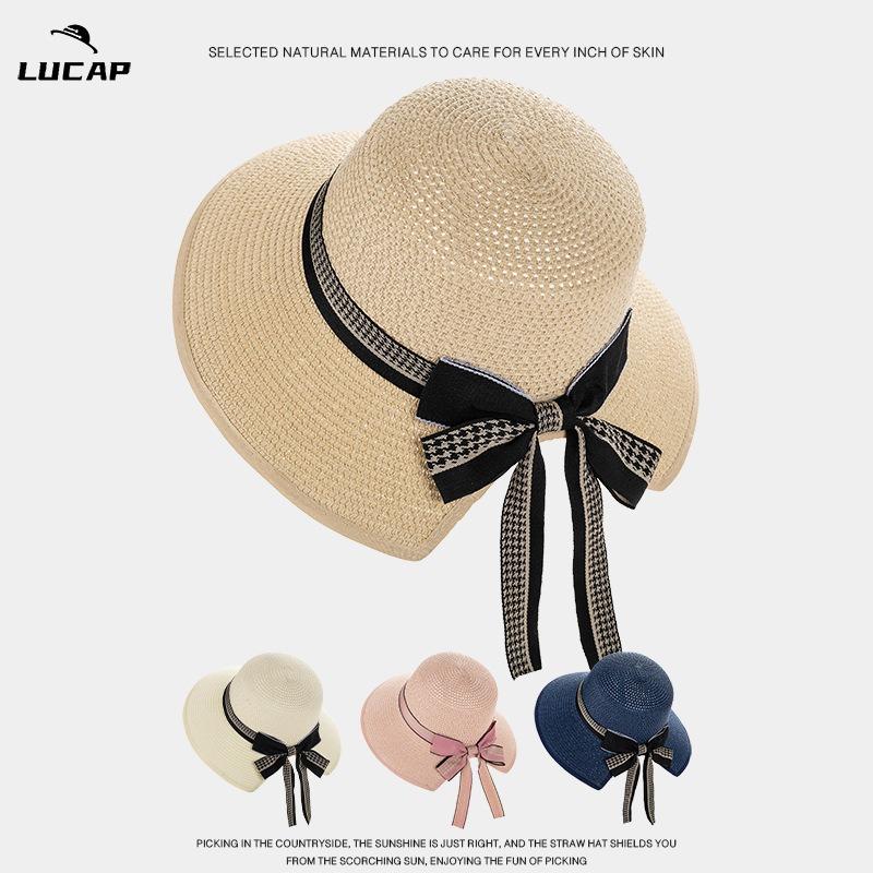 New spring and summer breathable bow crimped top hat seaside sunshade sunscreen UV protection camping sun hat