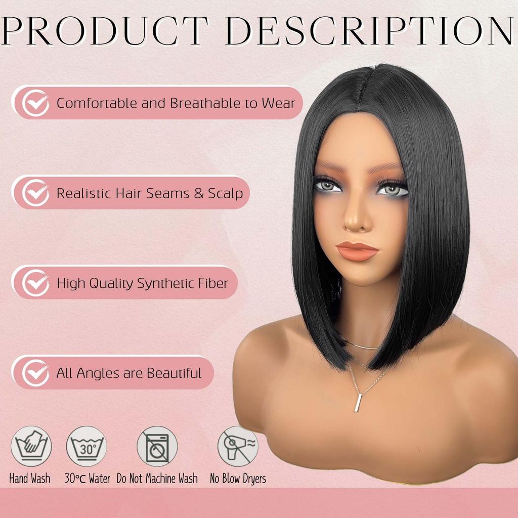 Women Bob Straight Hair Wig with Middle Part No Bangs Made of Heat-Resistant Synthetic Fiber Suitable for Daily Wear and Parties