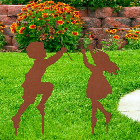 Metall Gartenskulptur 1 Paar Silhouette Kunstmodell Kleiner Junge Mädchen Form Charakter Statue Ornament Dekor Pfähle Rasen Hof Dekoration Lebendiger Akzent