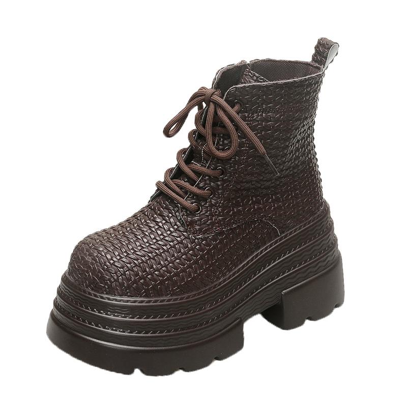 Fashion 9.5CM Women's Chunky Ankle Boots New Autumn Winter Weave Leather Punk Shoes High Platform Casual Leather Short Boots Botas Mujer