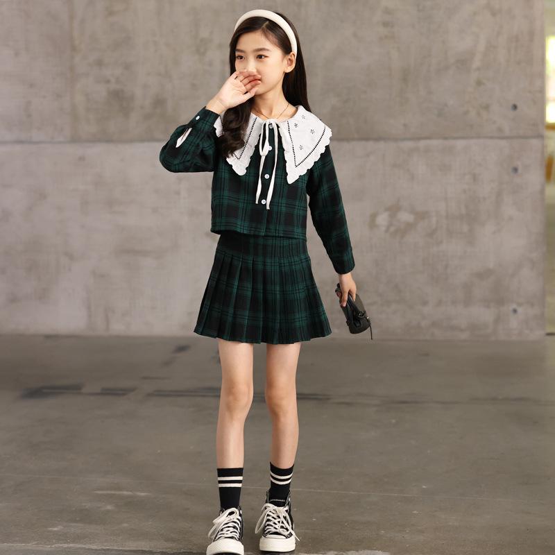 Autumn 2025 Girls' Plaid Pleated Skirt Set - Academy Style JK Uniform for Kids