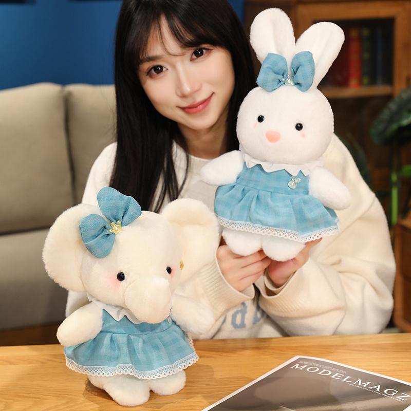 Cute Dressed Pink Blue Rabbit Elephant Plush Toys Soft Stuffed Animals Kids Gift Handmade Huggable Decor Safe Ages Playtime