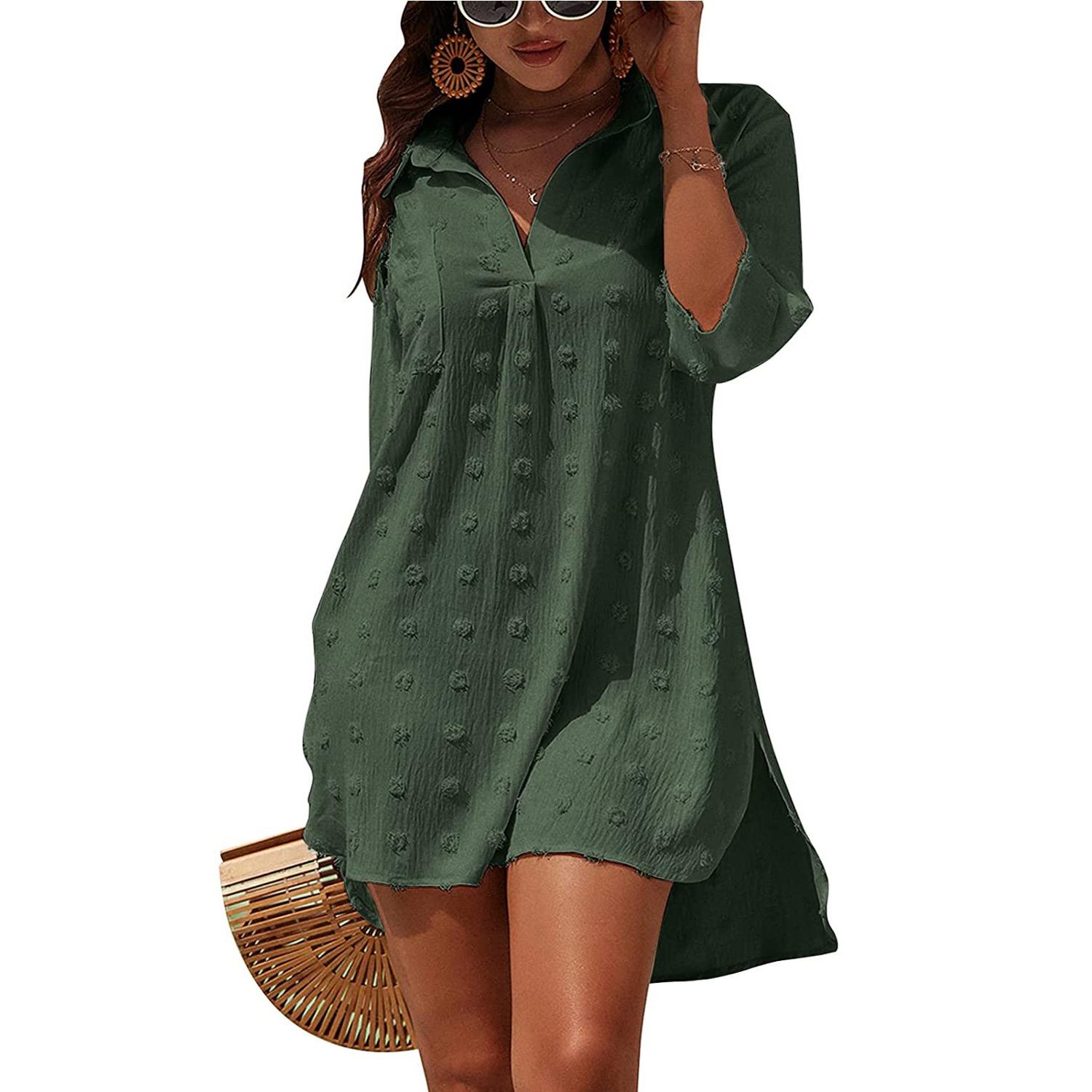 

GMXIA Лето-весна, однотонный принт, воротник-поло, рукава 1/2, женское платье, жаккардовая асимметричная кружевная блузка, блузка XXL армия зеленый