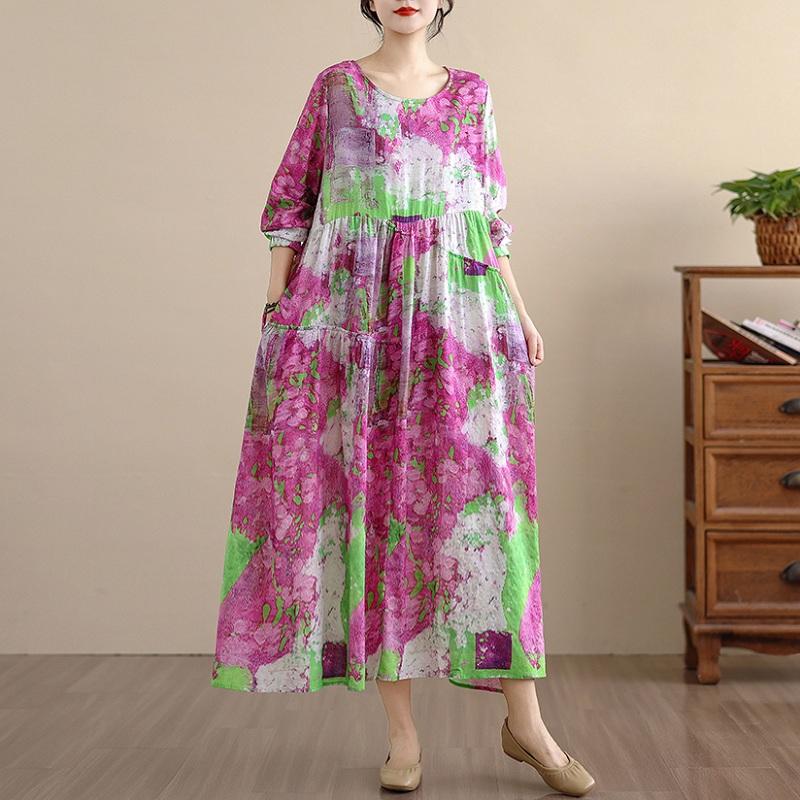 Long Sleeve Plus Size Cotton Vintage Floral New In Dresses for Women Casual Loose Spring Summer Autumn Dress