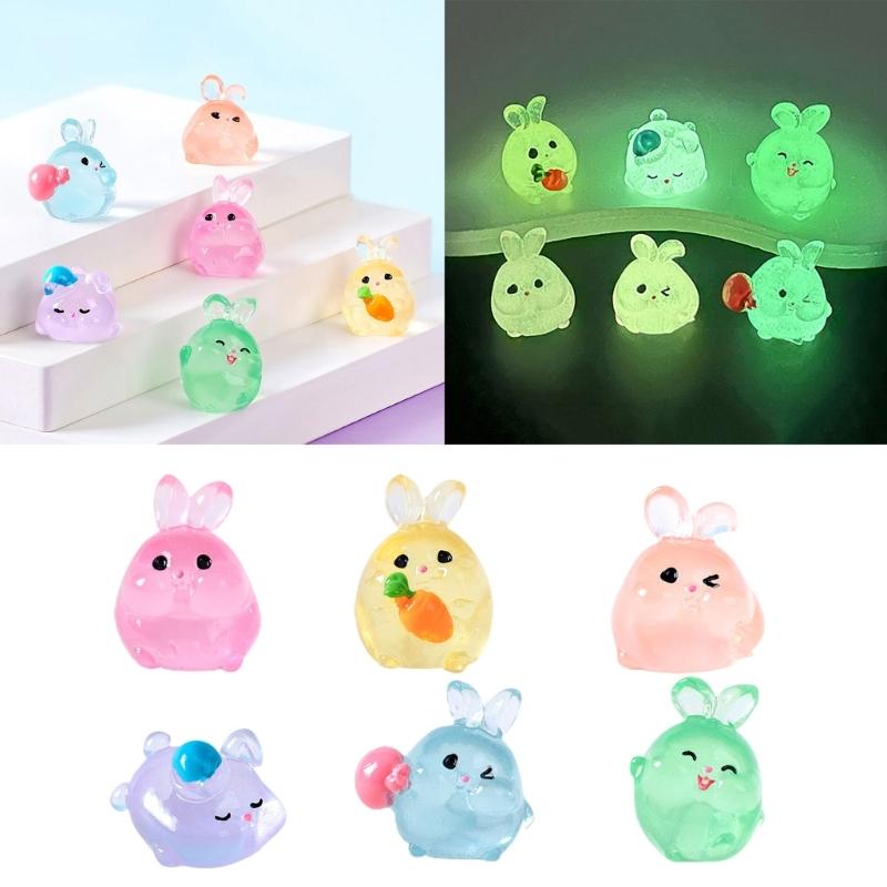 6 Piece Resin Rabbit Figurine Set with Glow Feature Miniatures Rabbit Ornament for Bedroom, Living Room, Study