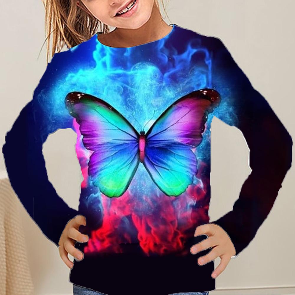 Spring and Autumn Round Neck Butterfly Pattern 3D Printed Top Fashionable Casual Long Sleeved Children's Girl T-shirts