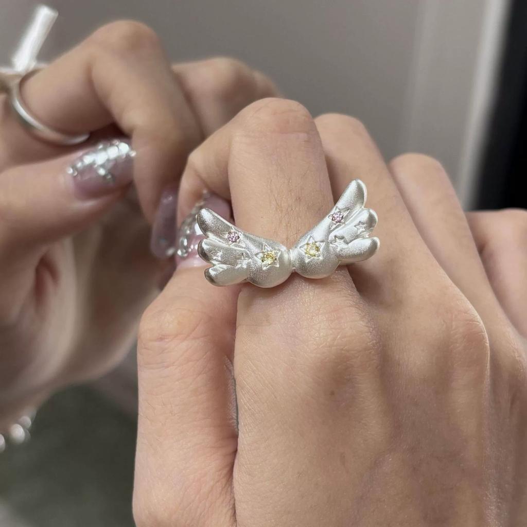 Korean Fashion Cute Shining Crystal Star Wings Open Rings For Women Girl Y2K Gothic Creative Charm Jewelry Accessories