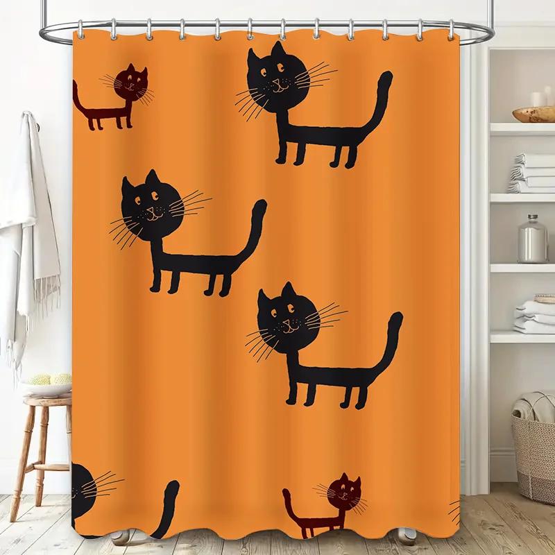 Whimsical Bathroom Shower Curtain Set Decorative with Cats Pattern Orange Fabric Waterproof for Home Decoration