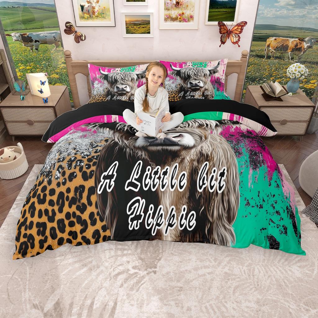 Homewish Rustic Highland Cow Duvet Cover Set, Farm Animal Bedding Set, Farmhouse Lodge Cabin Comforter Cover Set