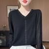 Sheer Sleeve V-Neck Knitwear: Spring/Summer Hollowed-Out Women’s Versatile Base for Elegant Mom Style