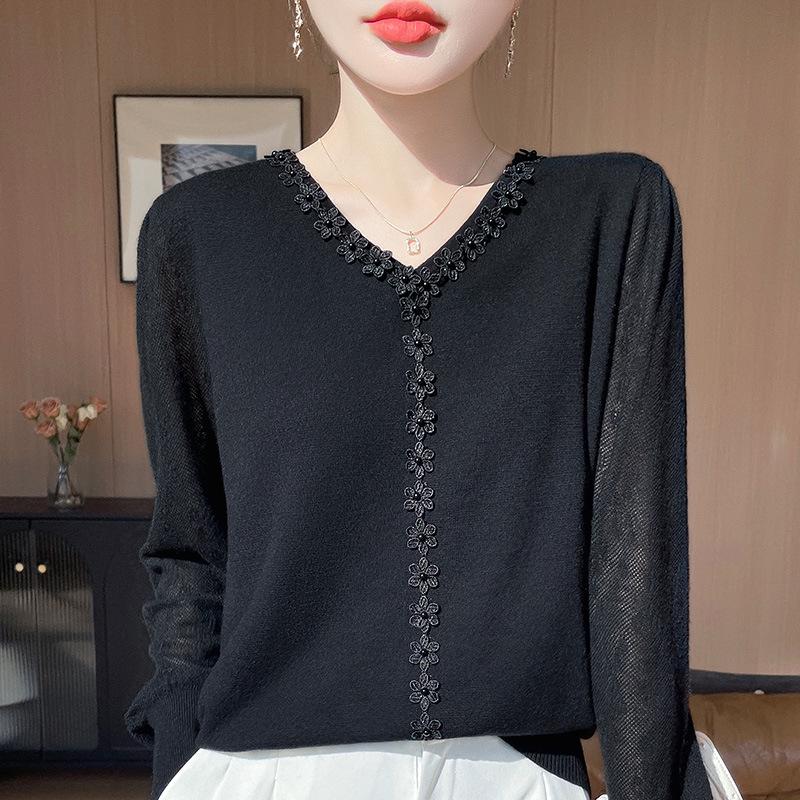 Sheer Sleeve V-Neck Knitwear: Spring/Summer Hollowed-Out Women’s Versatile Base for Elegant Mom Style