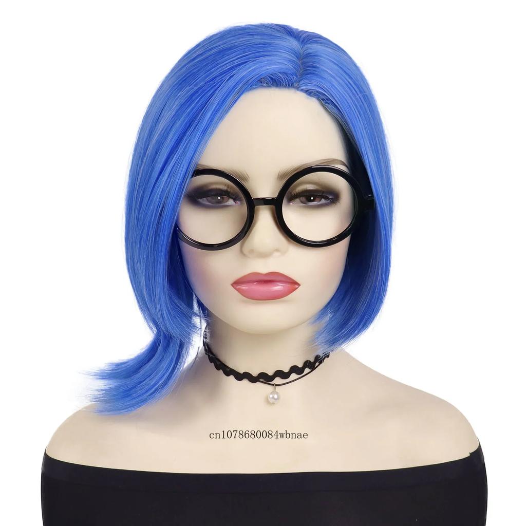 Synthetic Hair Short Straight Blue Bob Cosplay Wigs for Women Anime Cartoon Costume Wig with Glasses Set Halloween Party Use