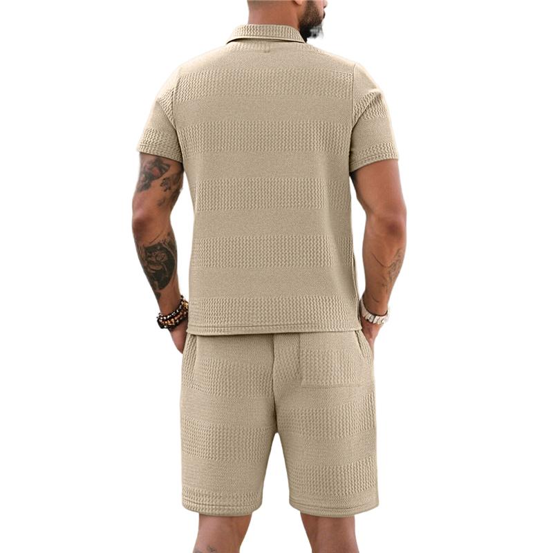 Men's Summer 2 Piece Outfit, Waffle Knit Polo Shirt and Elastic Waist Shorts, Casual Tracksuit for Beach Streetwear