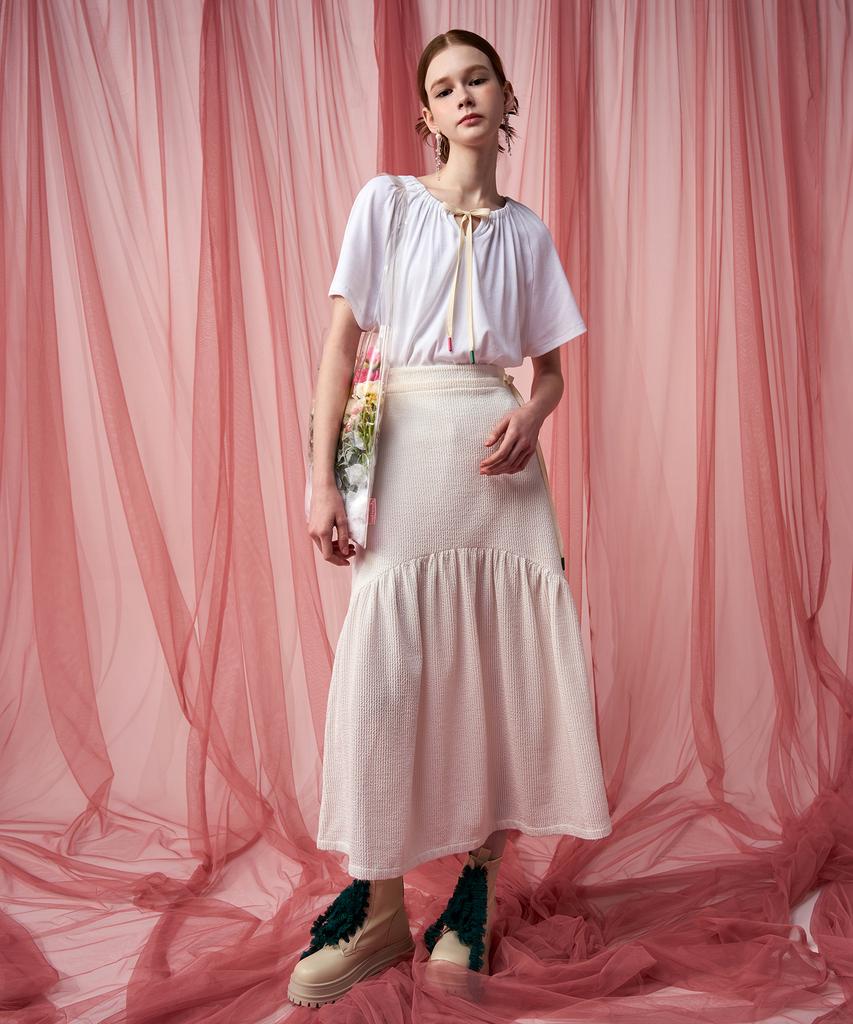 Pelimela Seersucker Flare Long Skirt (White)