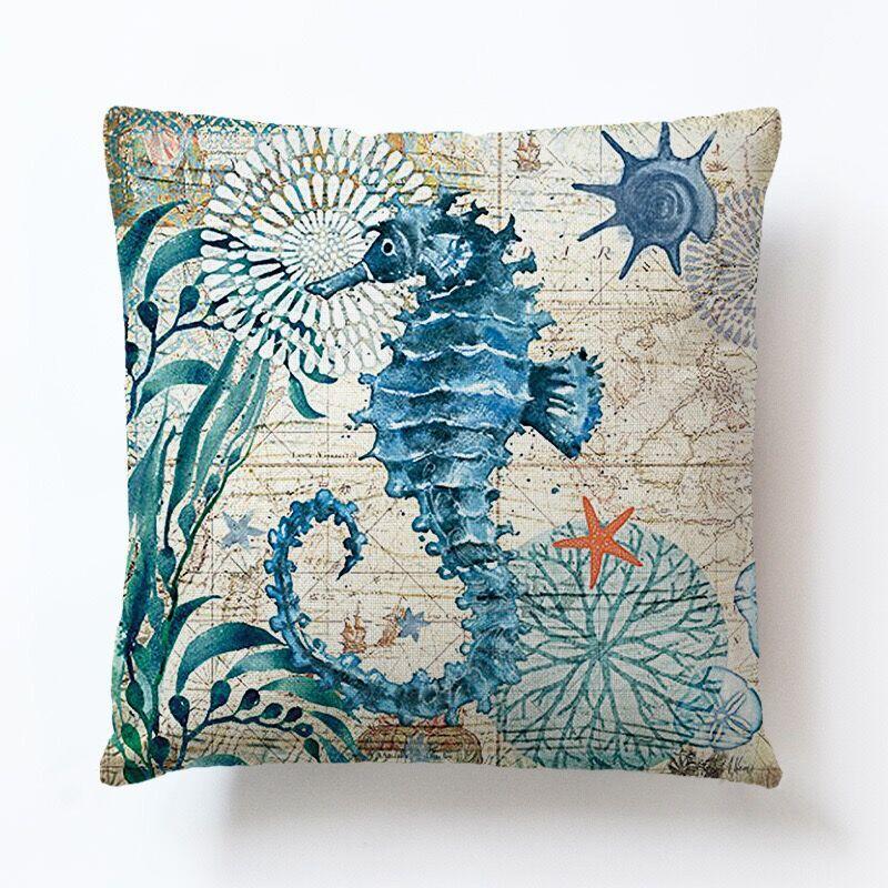 Marine Creatures Sea Horse Turtle Whale Octopus Linen Cushion Cover Pillow Cover