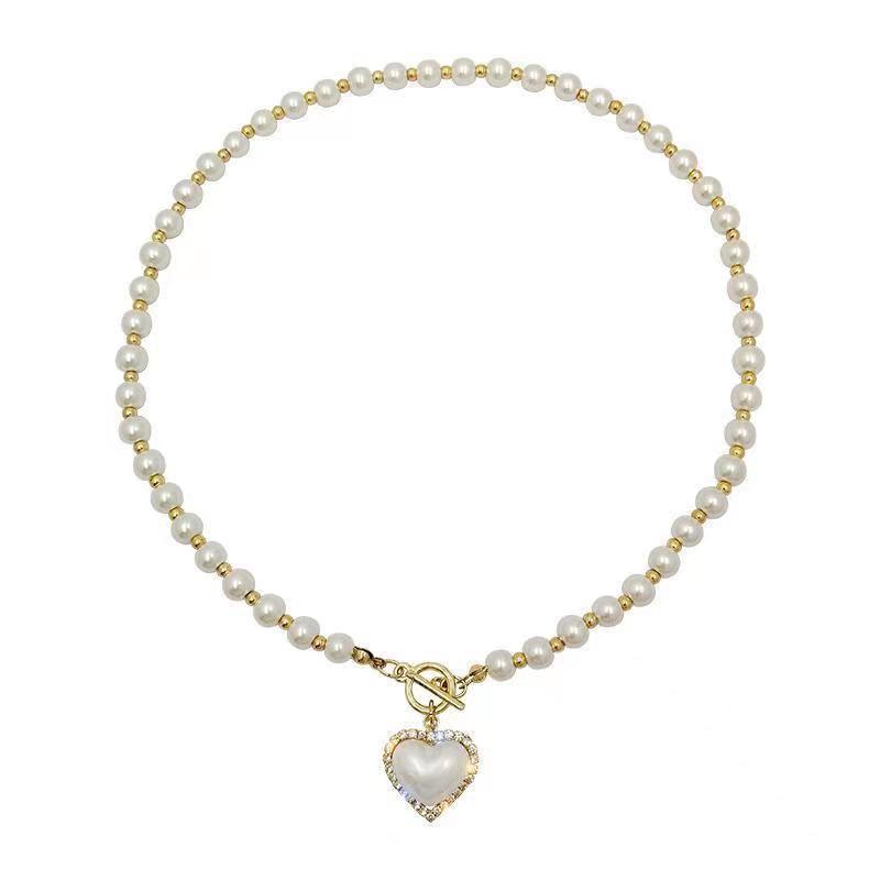1PC Super Fairy Cold Style Imitation Pearl Heart Necklace, Sweet And Simple OT Buckle, Women'S Temperament Collarbone Chain
