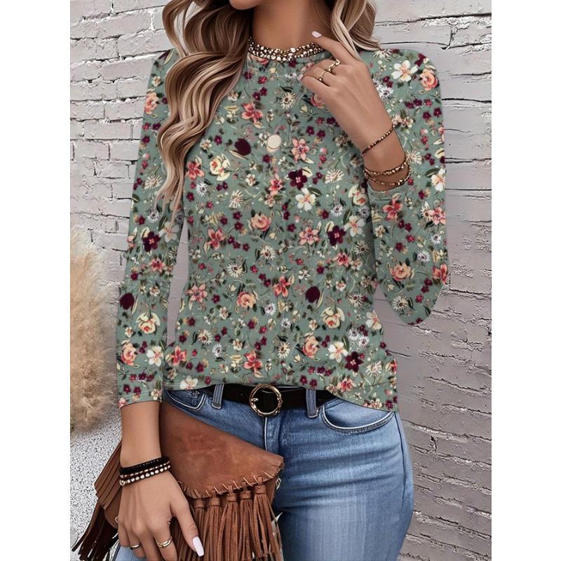 2026 New Women's Fashionable Long-Sleeved T-Shirt with Retro Floral Pattern, Perfect for Everyday Wear and Stylish Outfits
