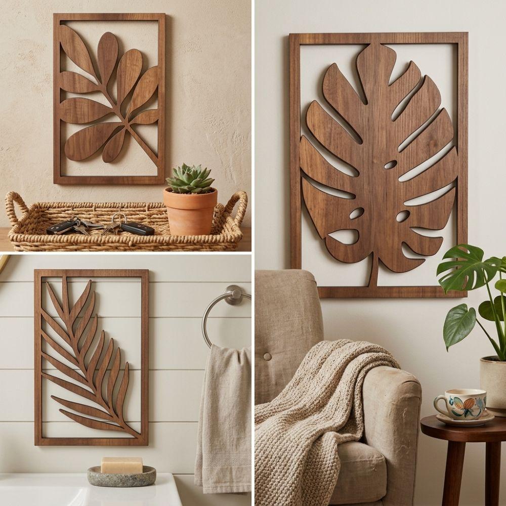 3Pcs Artistic Wooden Tropical Leaves Wall Sign Rustic Plant Wall Ornament  Indoor Home Decor