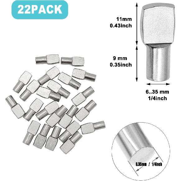22 Pcs Shelf Pins Pegs,1/4 Inch Diameter Spoon Shape Nickel Plated Shelf Support Pegs,Bookshelf Pegs for Shelves,Cabinet Shelf Bracket Pegs Shelf