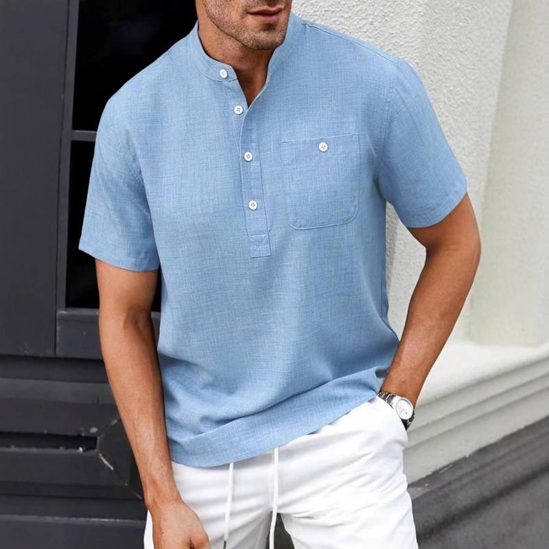 

Men Stand Collar Short Sleeve Henley Shirt With Chest Pocket S синий