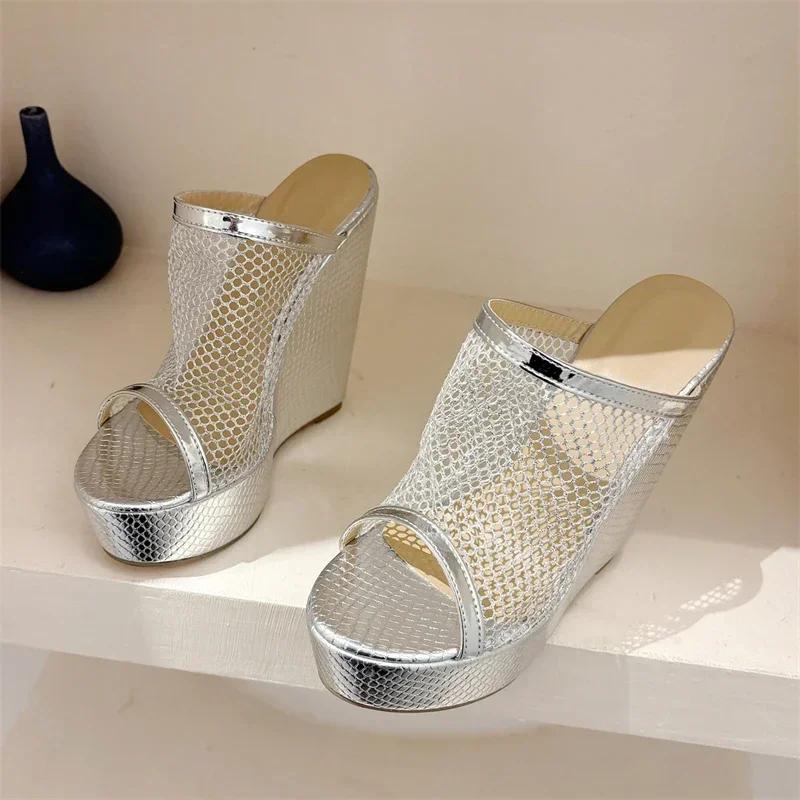 Fashion Eilyken Gold Silver Platform Wedges Women Slippers Design Style Mesh Fabric Open Toe Wedding Banquet High Heels Shoes