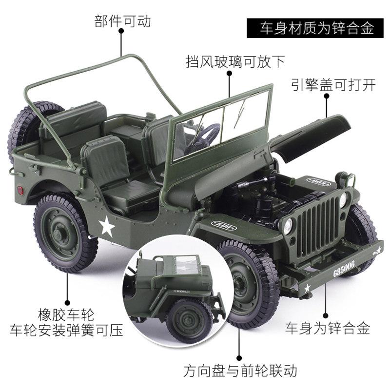 1:18 Willys MB Ejército de EE. UU. Segunda Guerra Mundial Jeep Militar 4x4 Militar Todoterreno Vehículo de Mando Modelo de Aleación Modelo de Coche de Metal Fundición a Presión Regalo para el Hogar
