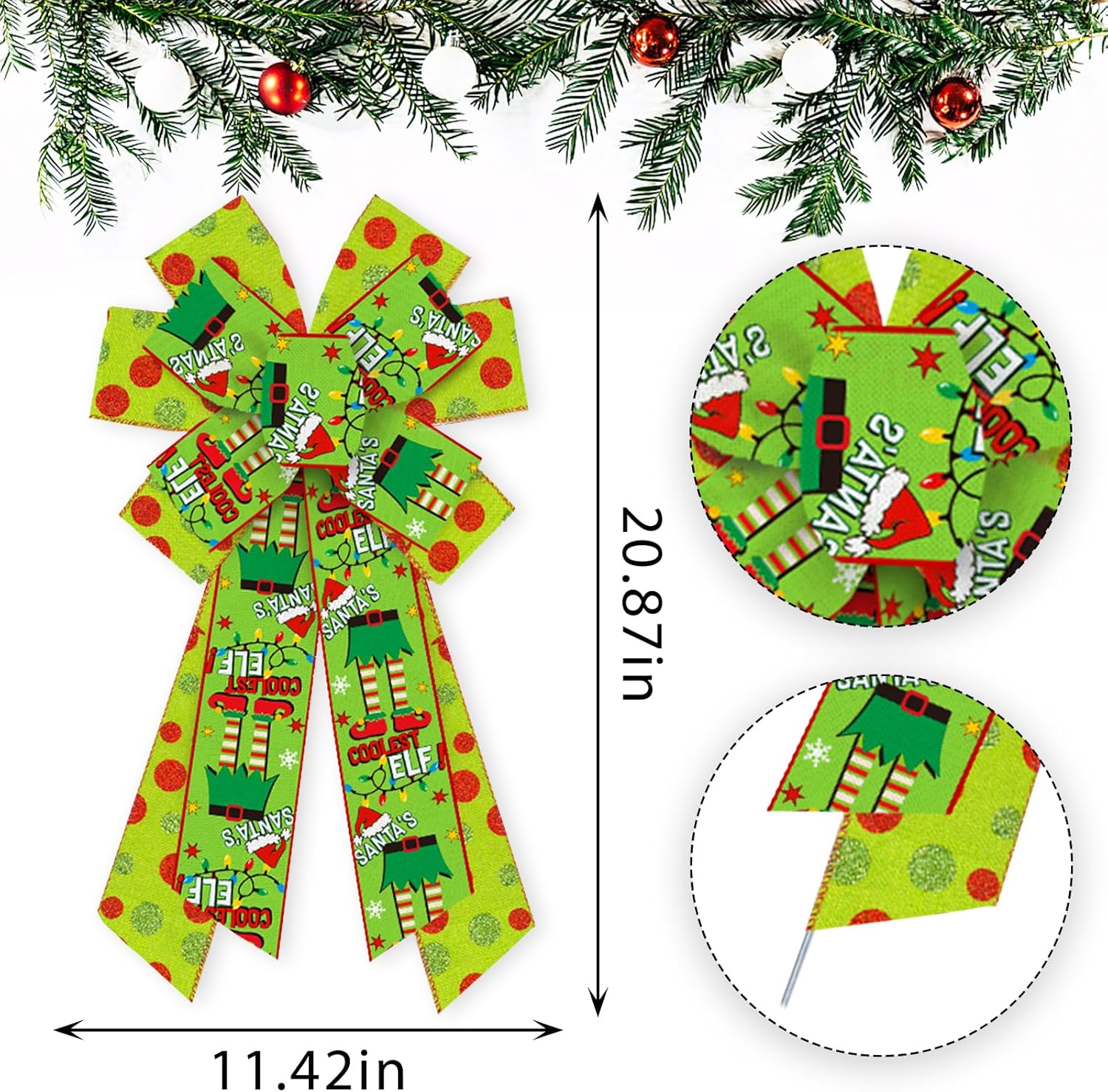 

Large Christmas Bows for Wreath Red Green Glitter Dot Bow Christmas Elf Bows for Front Door Bow for Holiday Indoor Outdoor Decor 1 PC