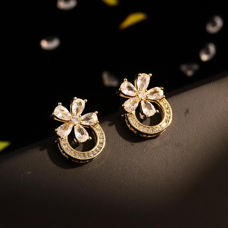 925 Silver Needle Flower Crystal Earrings, Korean Style High-End Zircon Studs, Sweet Dopamine Design for Women