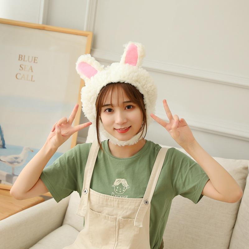 Lamb wool short rabbit ear hat, plush hood photo props photo props cartoon hood